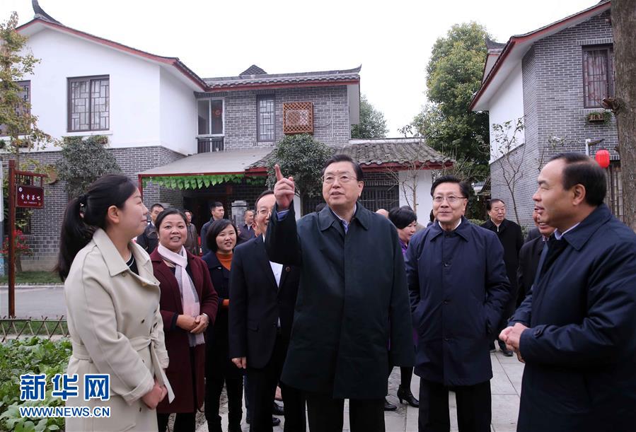 這是11月22日，張德江來(lái)到成都郫縣青杠樹(shù)村，了解村民委員會(huì)工作情況。 新華社記者 劉衛(wèi)兵 攝 