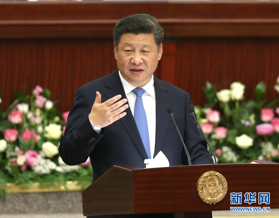 6月22日，國家主席習(xí)近平在塔什干烏茲別克斯坦最高會議立法院發(fā)表題為《攜手共創(chuàng)絲綢之路新輝煌》的重要演講。 新華社記者馬占成攝